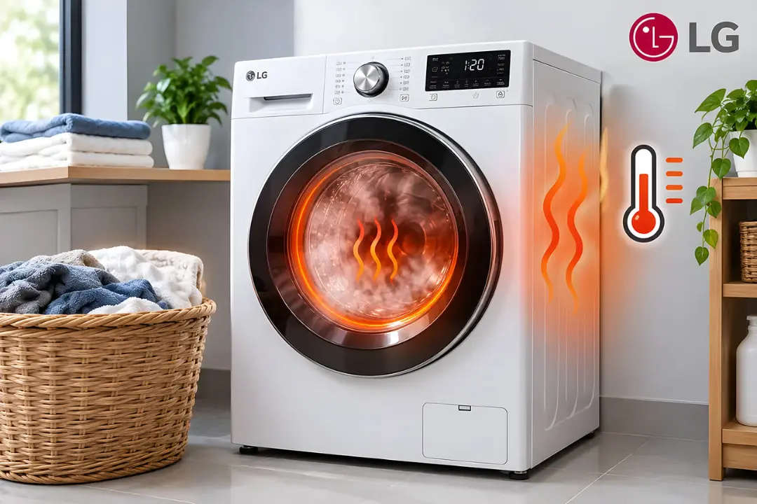 دستگاه لباسشویی ال‌جی (LG) با نمایش علائم حرارتی و دمای بالا در دیگ