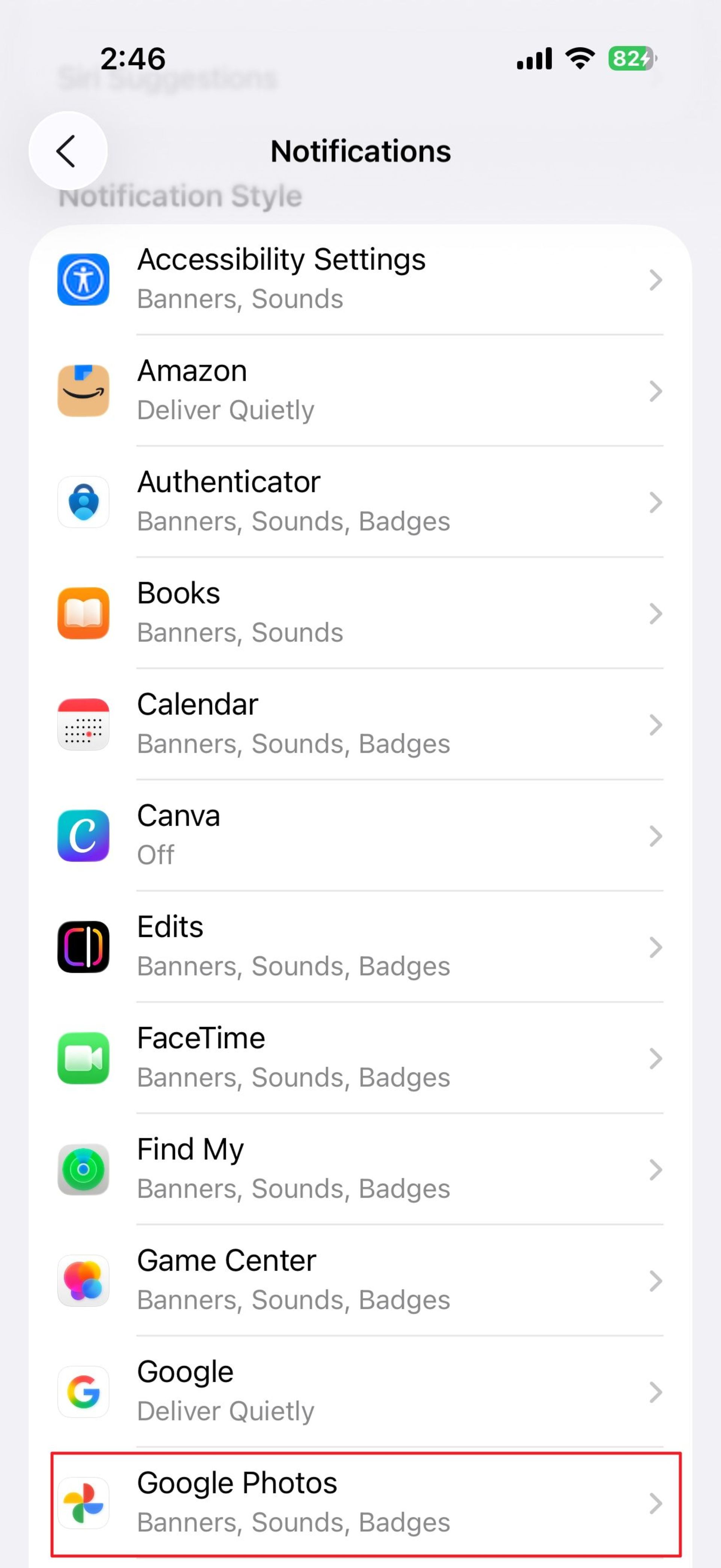 انتخاب google photos  در تنظیمات notfication آیفون