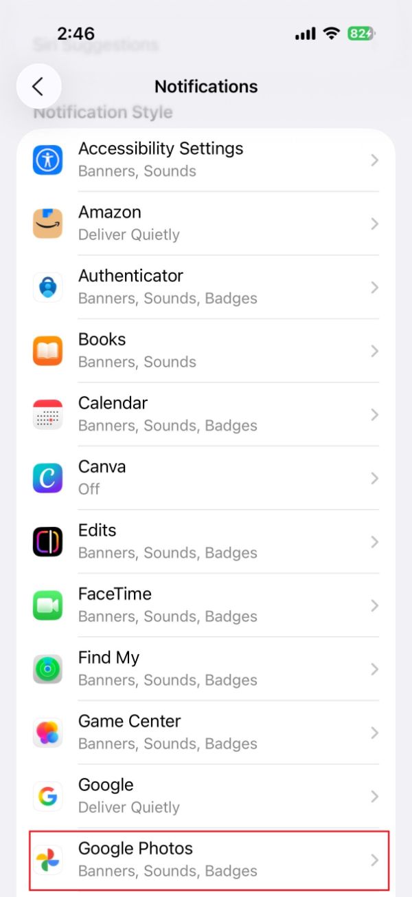 انتخاب google photos  در تنظیمات notfication آیفون