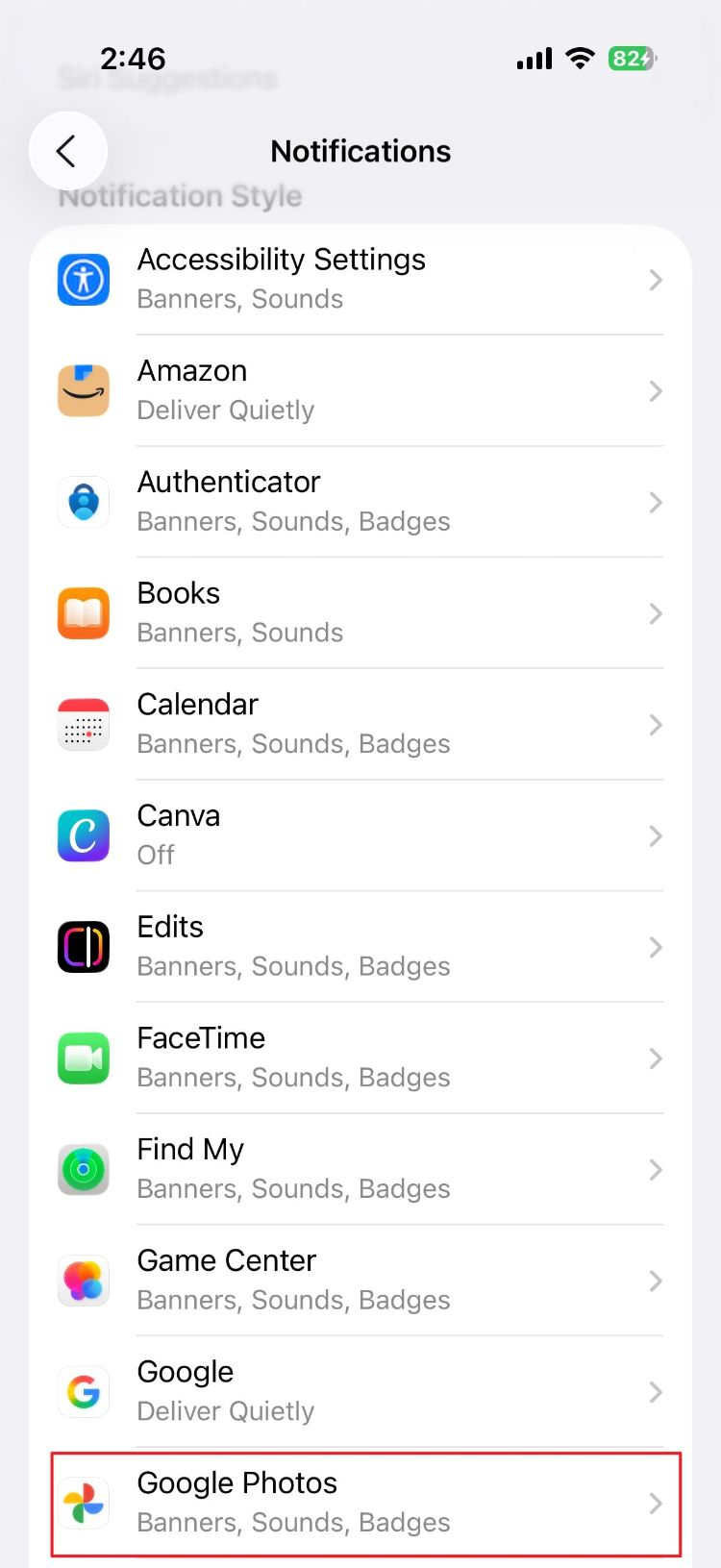 انتخاب google photos  در تنظیمات notfication آیفون