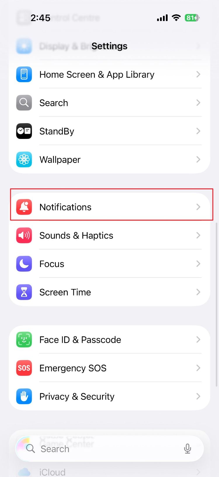 صفحه‌ی اصلی تنظیمات آیفون و انتخاب گزینه‌ی Notifications