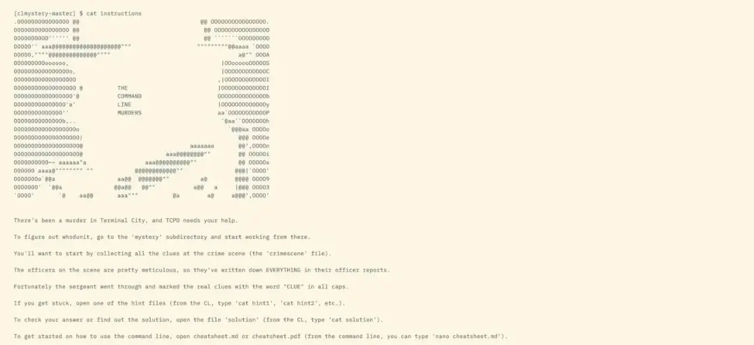 متن بازی چالش قتل در ترمینال (The Command Line Murders) با کاراکترهای ASCII