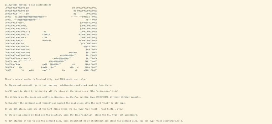 متن بازی چالش قتل در ترمینال (The Command Line Murders) با کاراکترهای ASCII