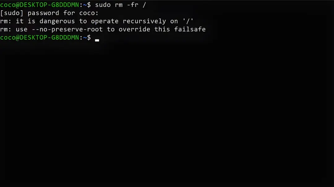 ترمینال لینوکس در حال نمایش پیام هشدار امنیتی دستور sudo rm -rf