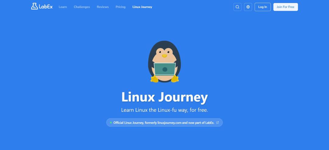 لوگوی پنگوئن لینوکس (Tux) در حال کار با لپ‌تاپ در سایت Linux Journey