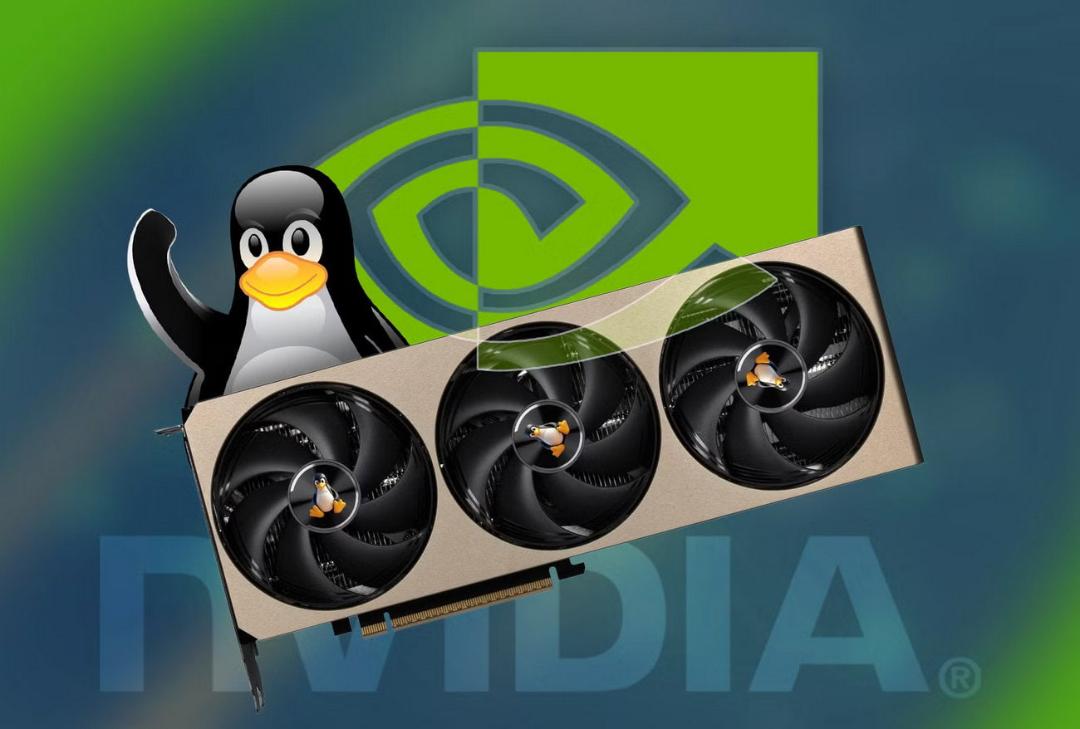 پنگوئن لینوکس (Tux) در کنار کارت گرافیک انویدیا (NVIDIA)