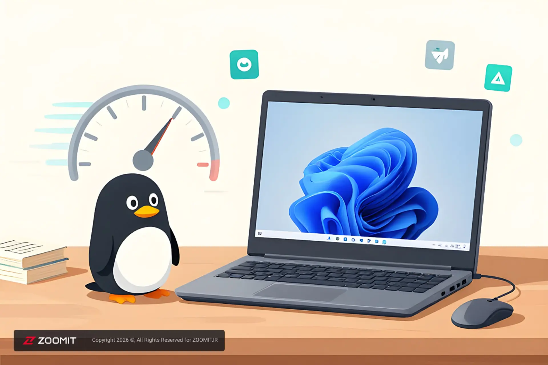 پنگوئن لینوکس (Tux) در کنار لپ‌تاپ با سیستم‌عامل ویندوز و نشانگر سرعت