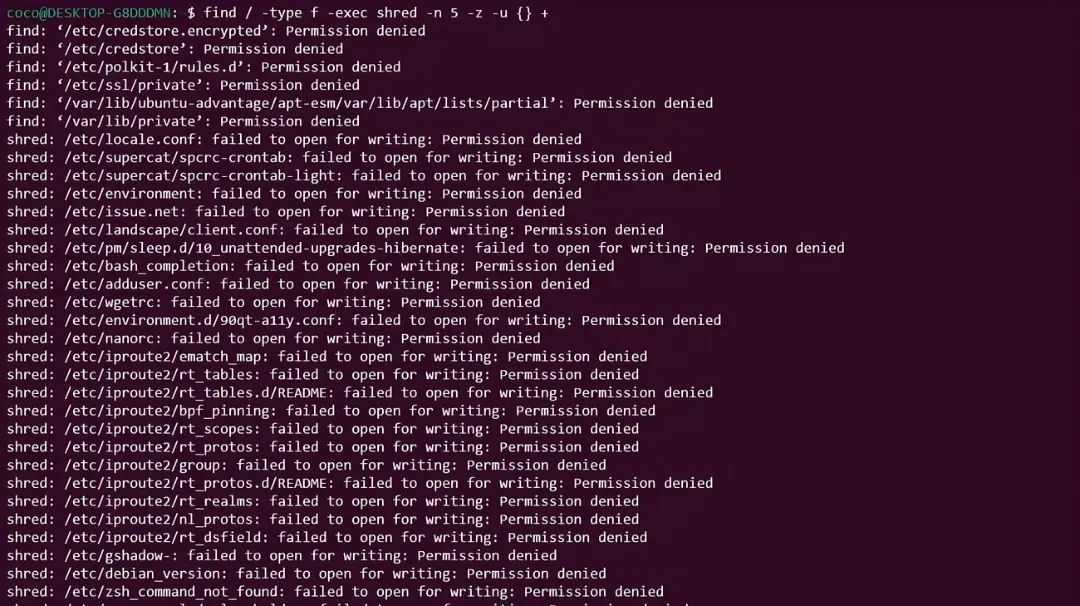 متن خطای Permission denied در ترمینال لینوکس هنگام اجرای دستور shred
