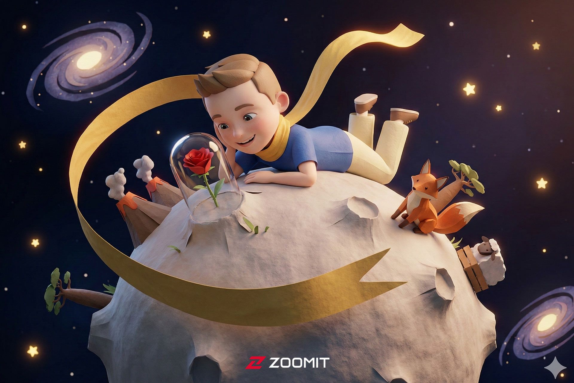 یک پسربچه روی سیارک دنیای شازده کوچولو با المان های داستان