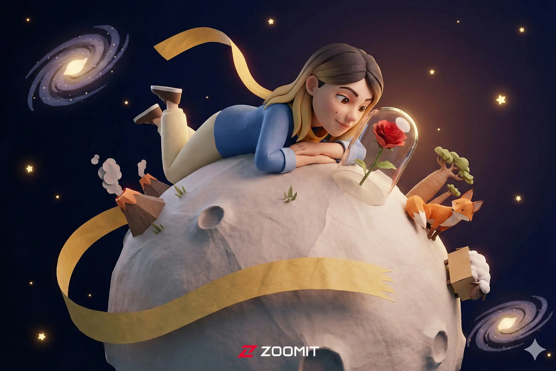 یک زن روی سیارک دنیای شازده کوچولو با المان های داستان