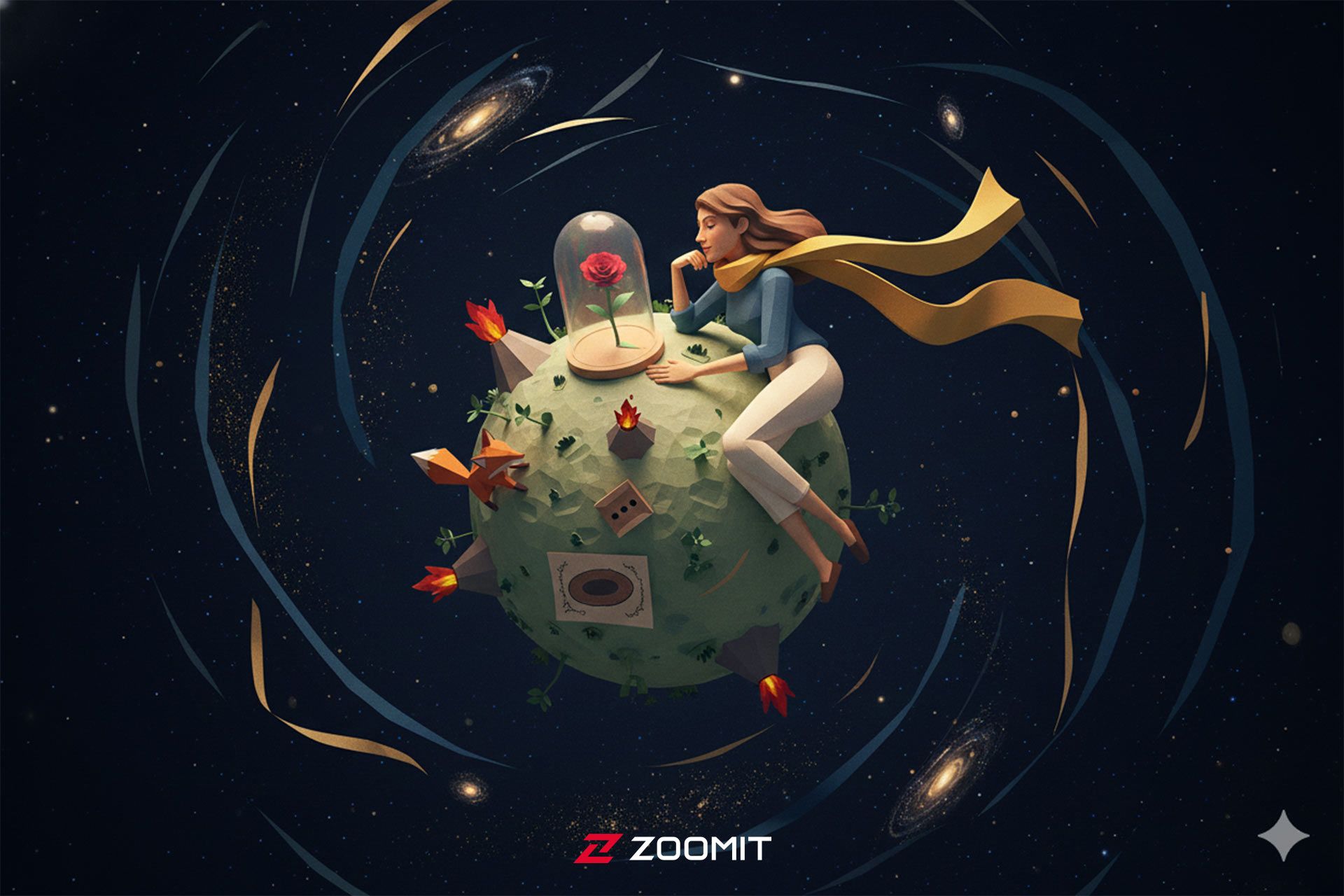 یک زن روی سیارک دنیای شازده کوچولو با المان های داستان