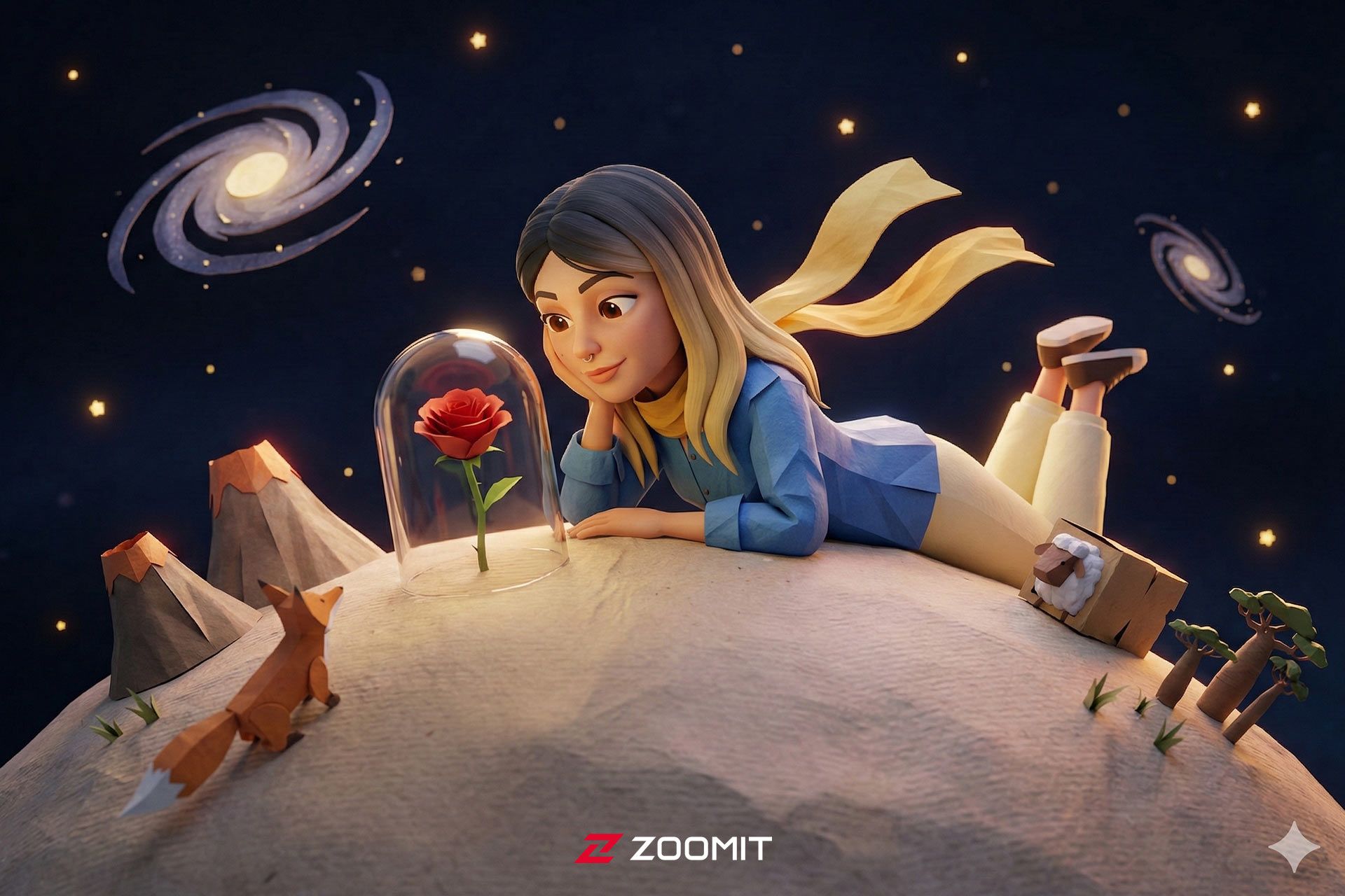 یک زن روی سیارک دنیای شازده کوچولو با المان های داستان