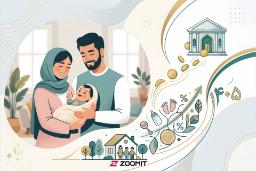 پدر و مادر و نوزاد و نماد بانک و وام فرزند آوری