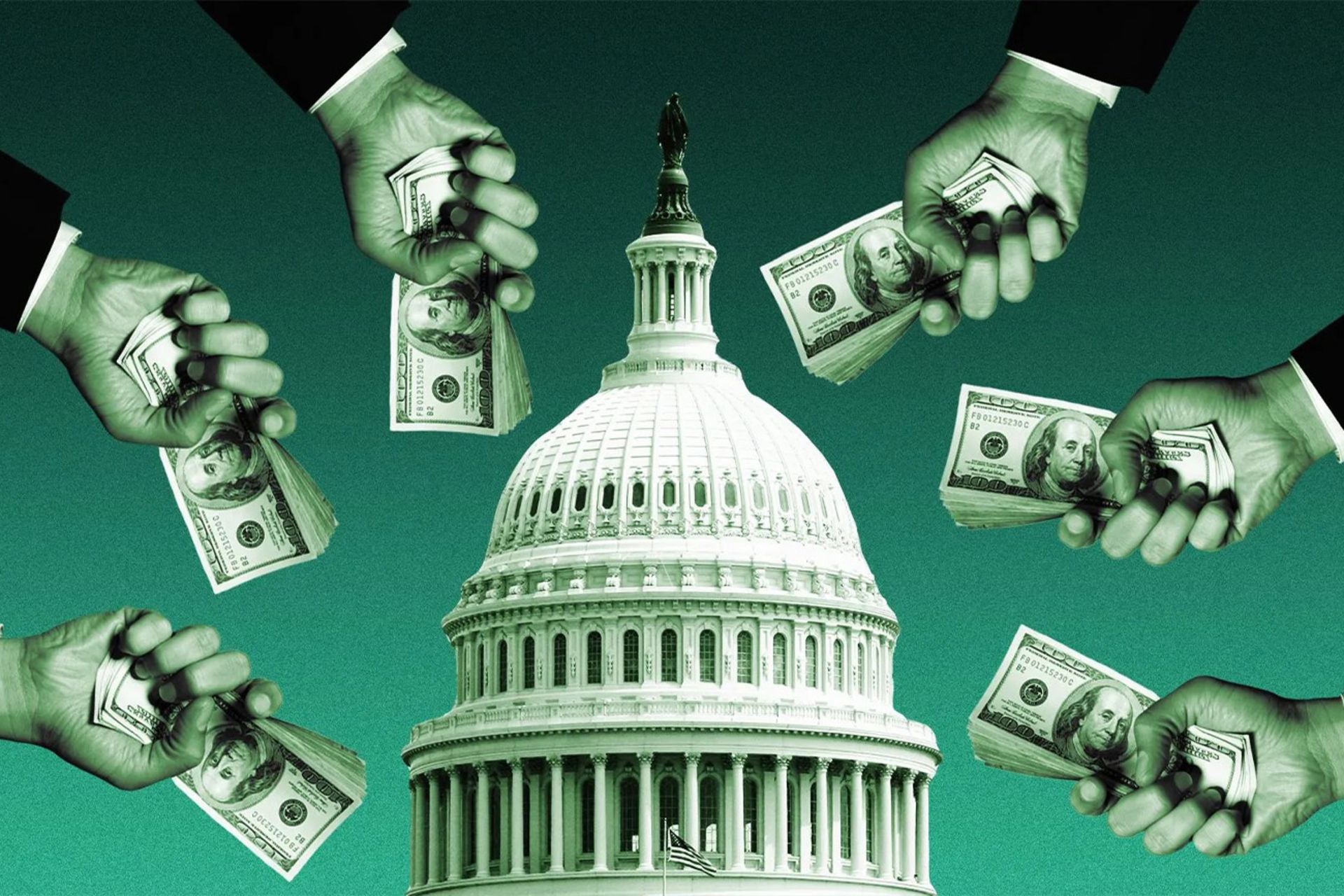 چند دست با پول در حال اشاره به یک ساختمان گنبدی شکل