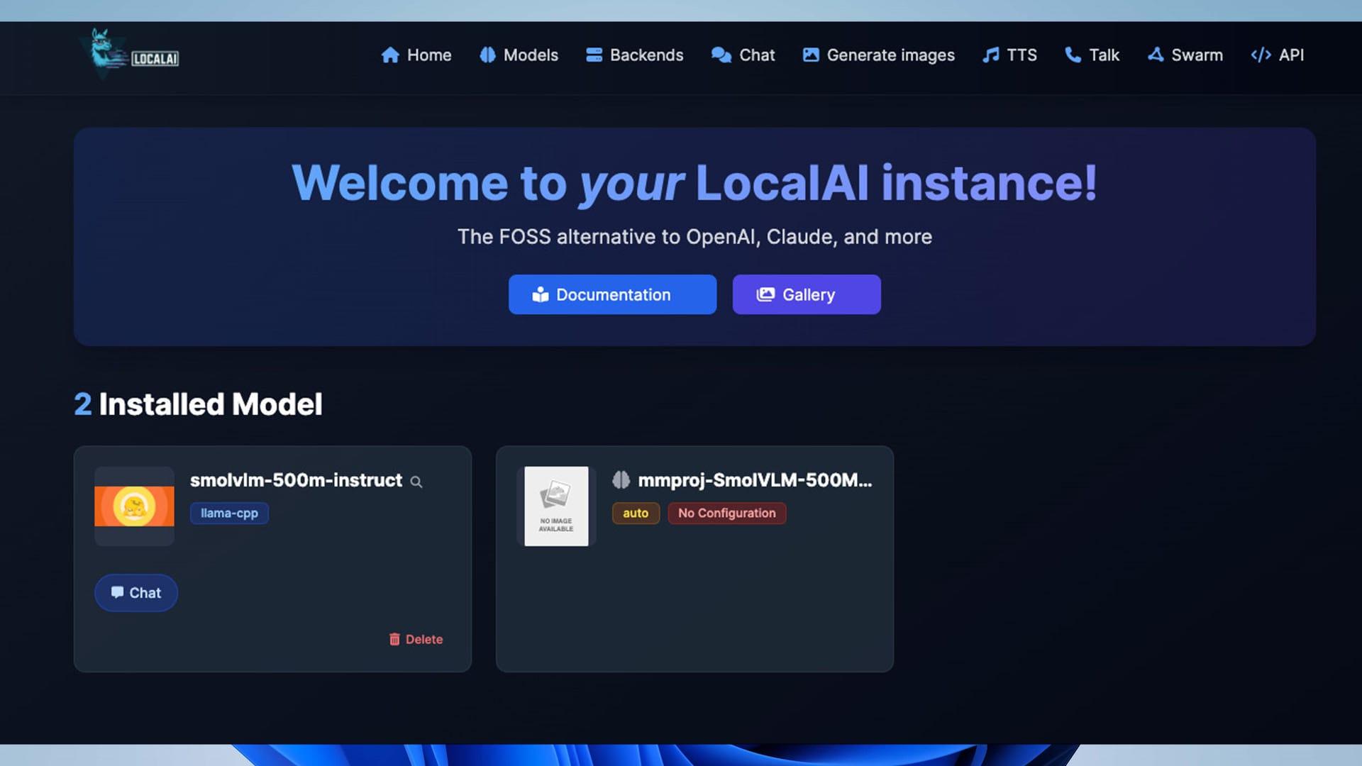 پنجره‌ی برنامه‌ی Localai