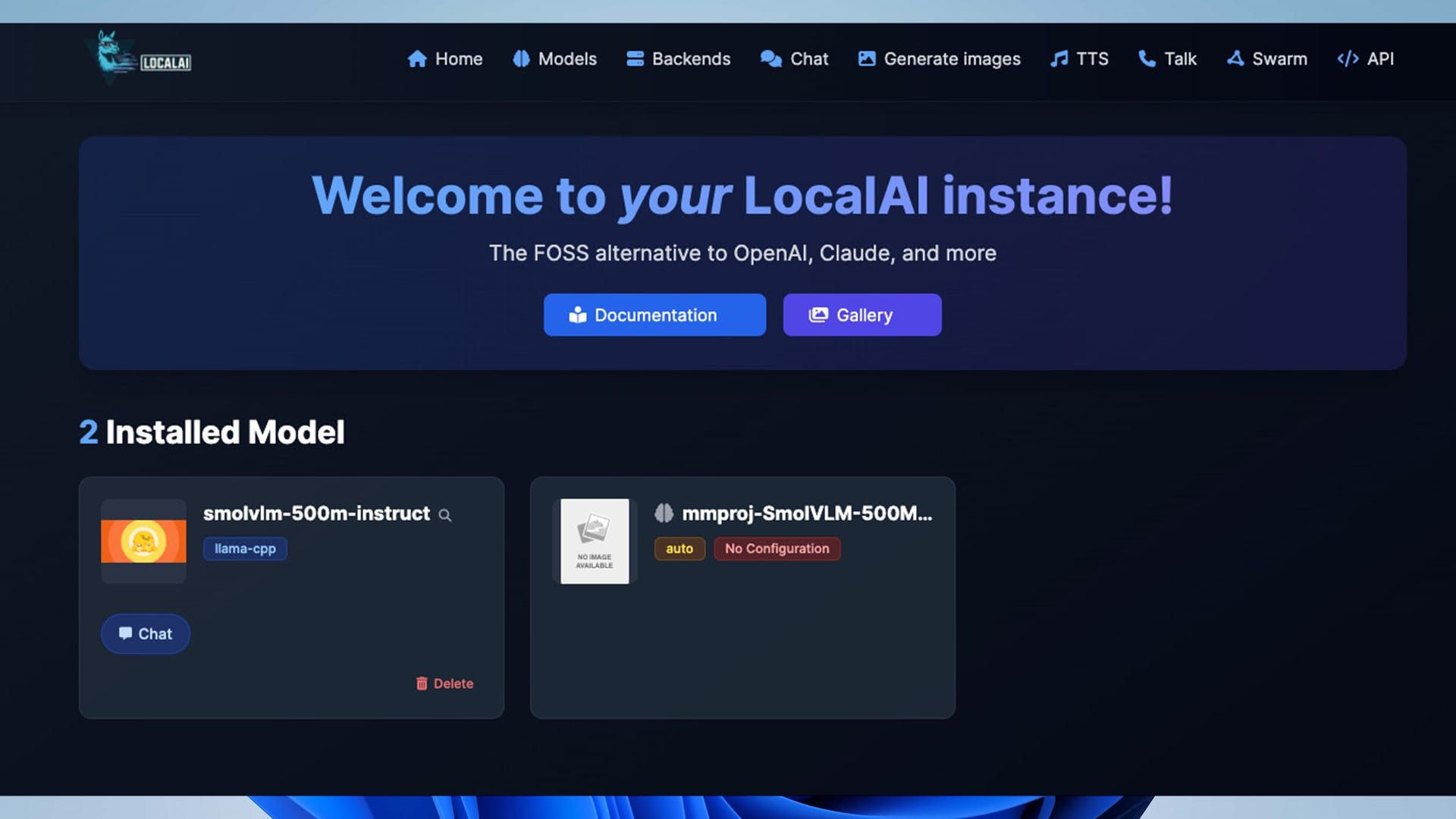 پنجره‌ی برنامه‌ی Localai
