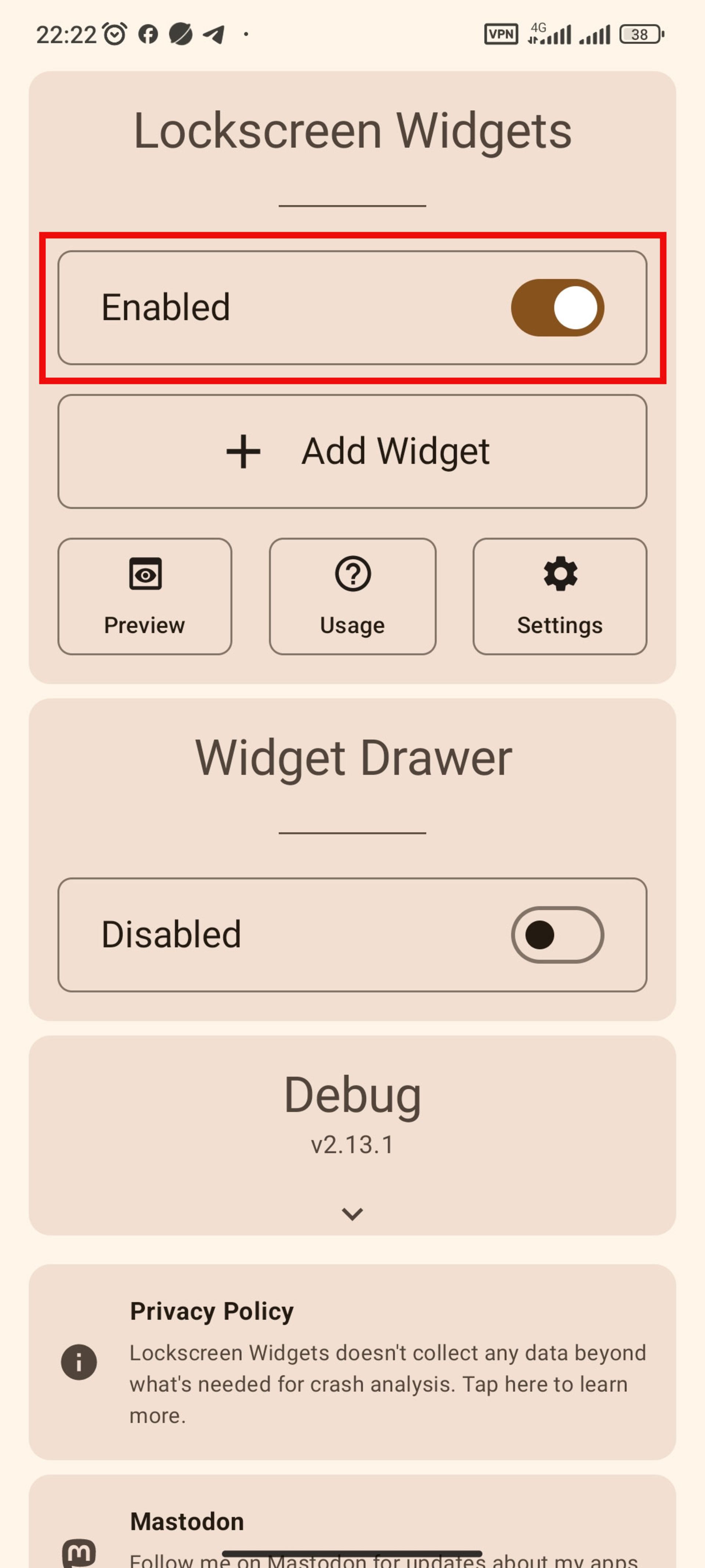 صفحه‌ی اصلی برنامه‌ی Lockscreen widgets