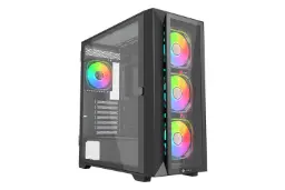 نمای نیمرخ کیس کامپیوتر لاجی کی C476B با نمایش پنل شیشه‌ای جلو و چپ، نورپردازی فن‌ها و لوگو