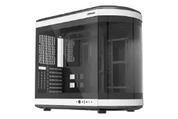 نمای نیمرخ کیس کامپیوتر لاجی کی C570BW با نمایش پنل شیشه‌ای جلو و چپ، درگاه ها و لوگو