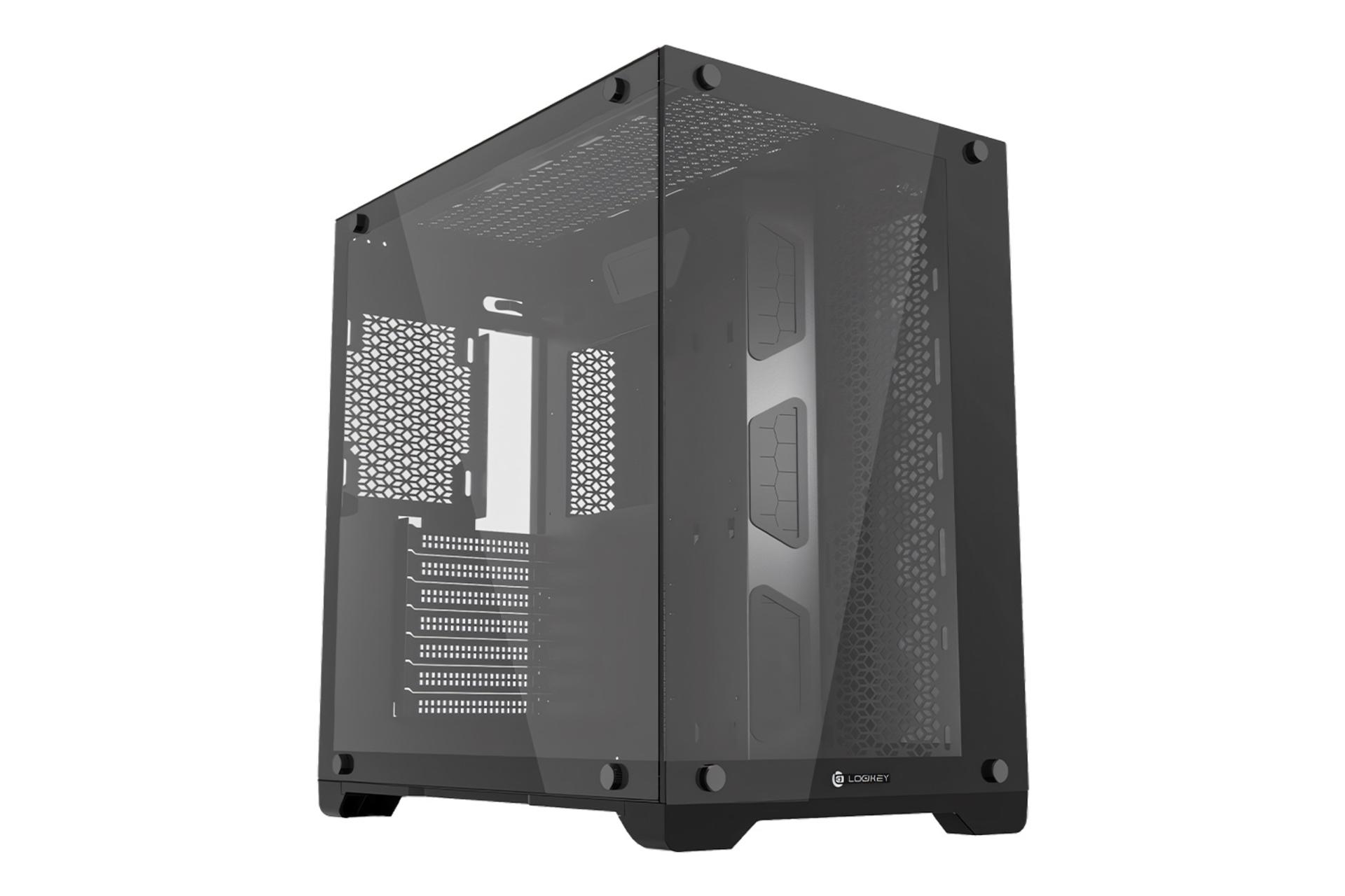 نمای نیمرخ کیس کامپیوتر لاجی کی C580B با نمایش پنل شیشه‌ای جلو و چپ، درگاه ها و لوگو
