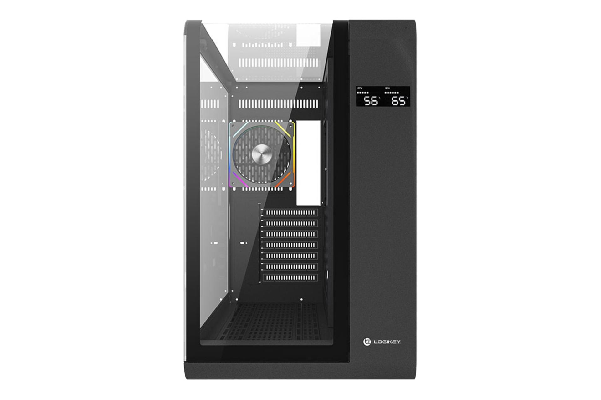 نمای رو به روی کیس کامپیوتر لاجی کی C654B با نمایش لوگو و نمایشگر LCD