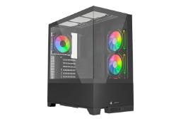 نمای نیمرخ کیس کامپیوتر لاجی کی C664B با نمایش پنل شیشه‌ای جلو و چپ، نورپردازی فن‌ها، درگاه ها و لوگو