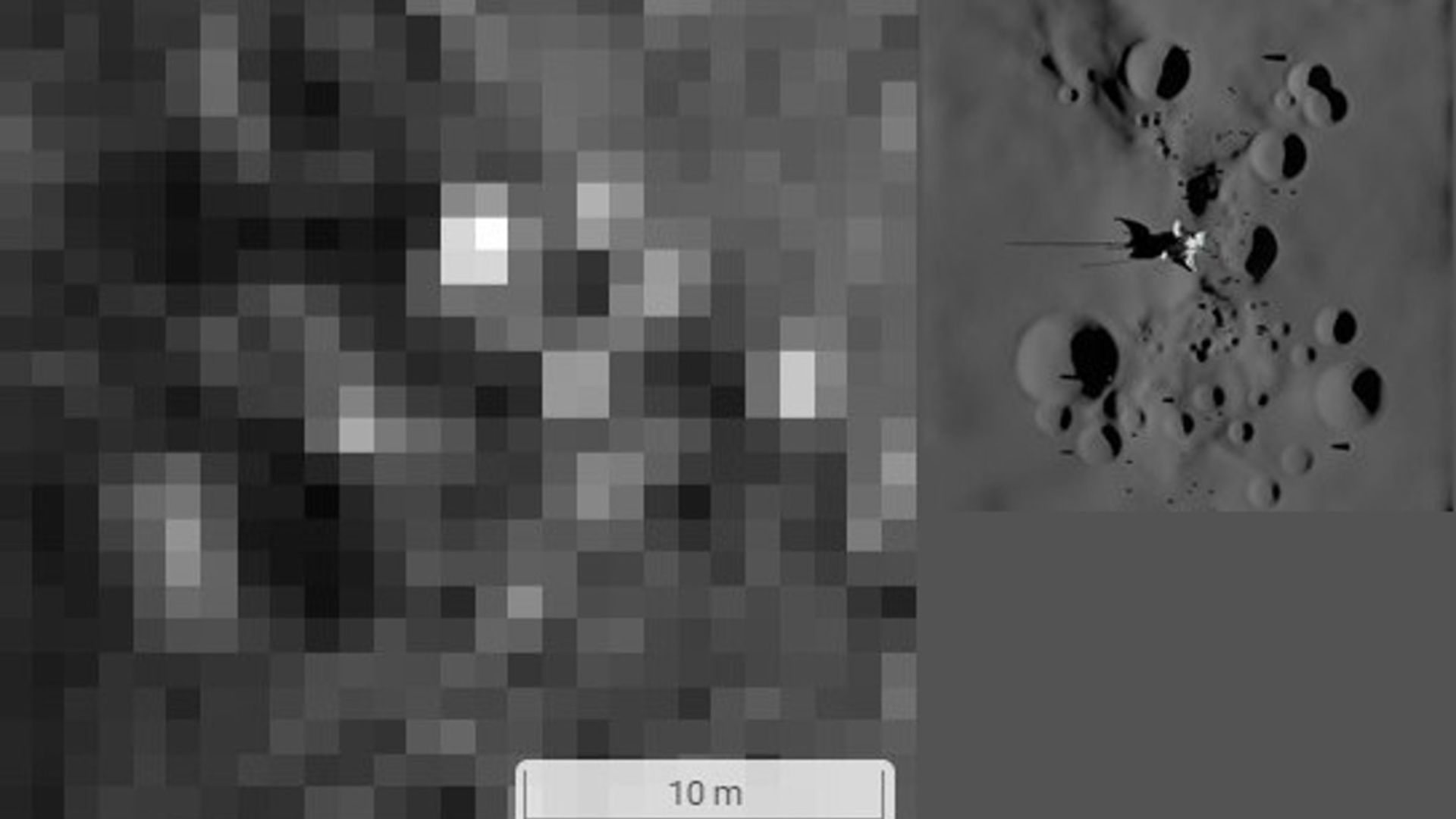سمت چپ، نمایی با وضوح پایین از منطقه‌ای مورد توجه در سطح ماه را نشان می‌دهد؛ در سمت راست، بازسازی سه‌بعدی همان منطقه با وضوح بالاتر.