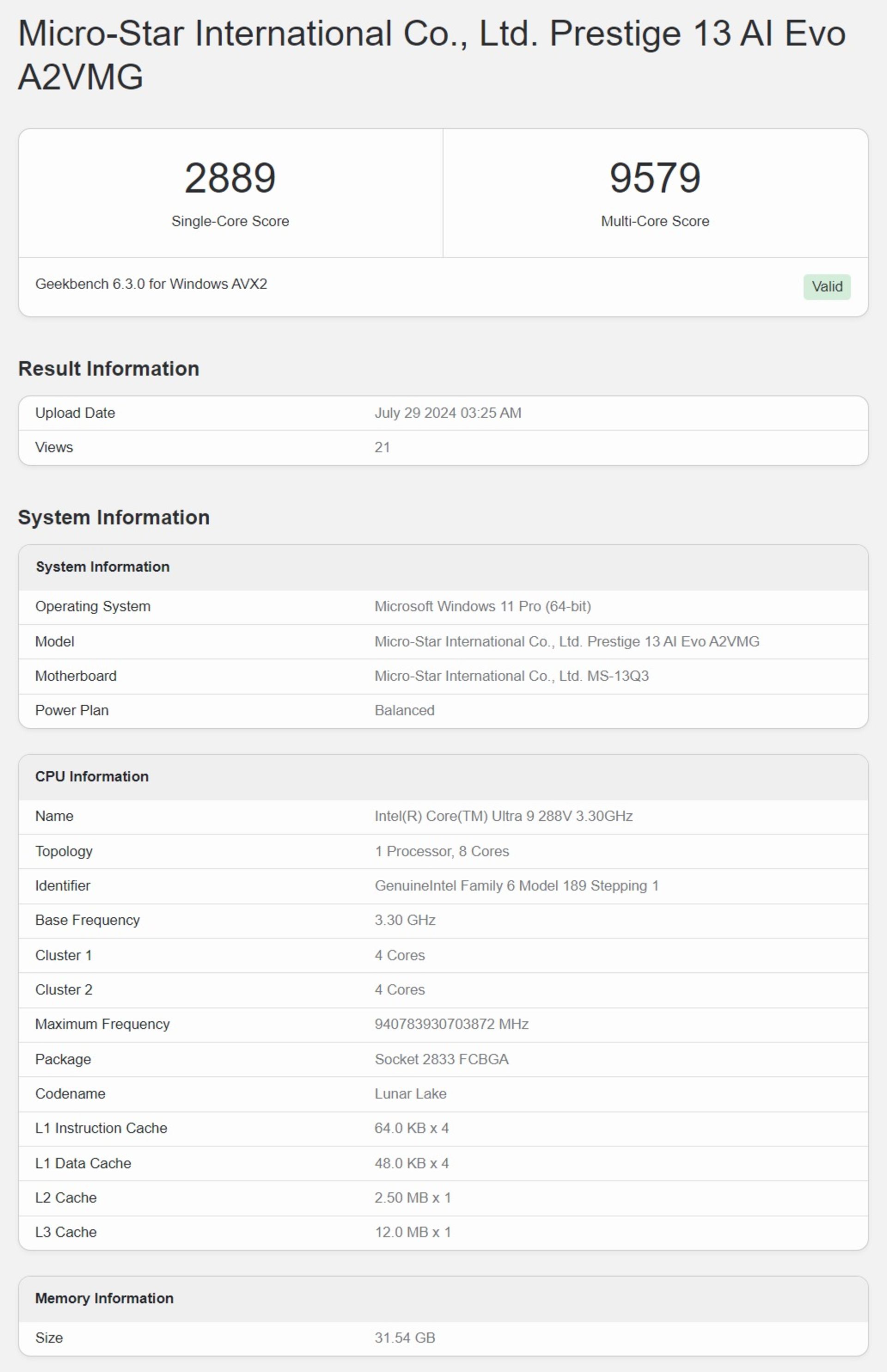 بنچمارک گیک بنچ پردازنده اینتل core ultra 9 288v 3