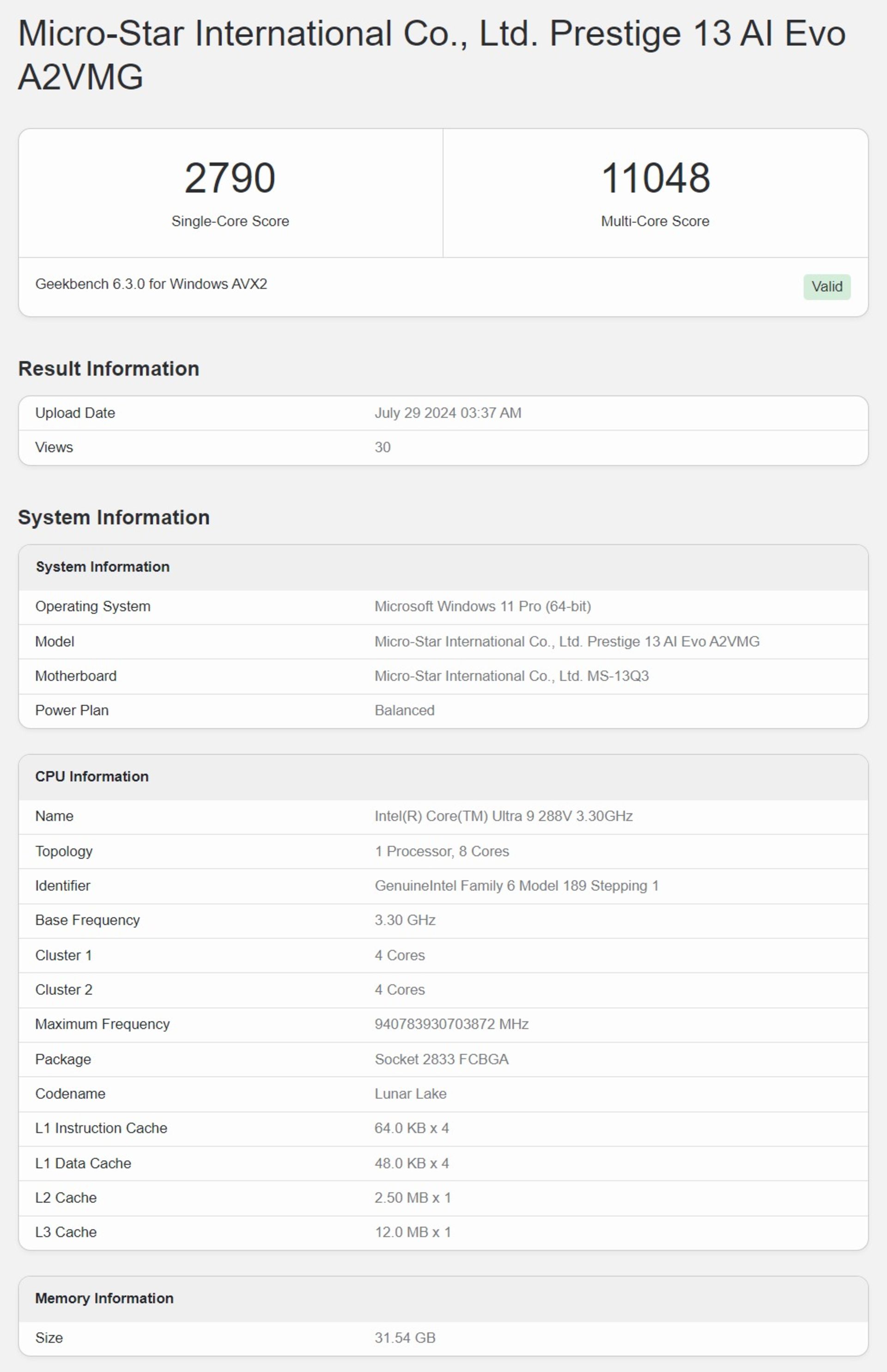 بنچمارک گیک بنچ پردازنده اینتل core ultra 9 288v