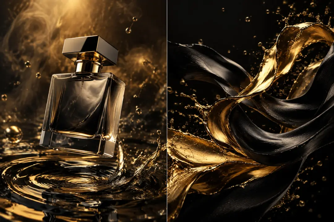 بطری عطر شیشه‌ای با مایع طلایی و سیاه در حال حرکت