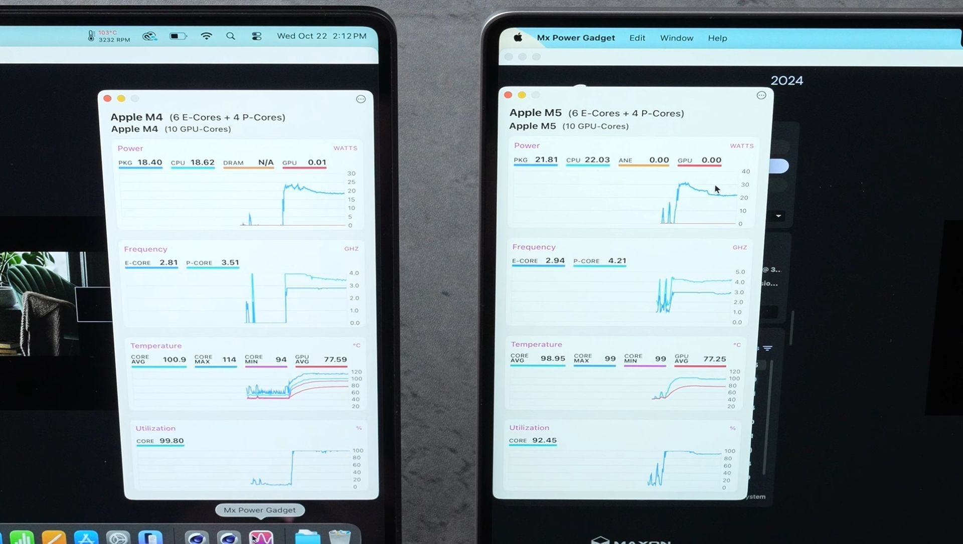 مقایسه‌ی دمای تراشه‌ی M4 و M5 در نمایشگر لپ‌تاپ