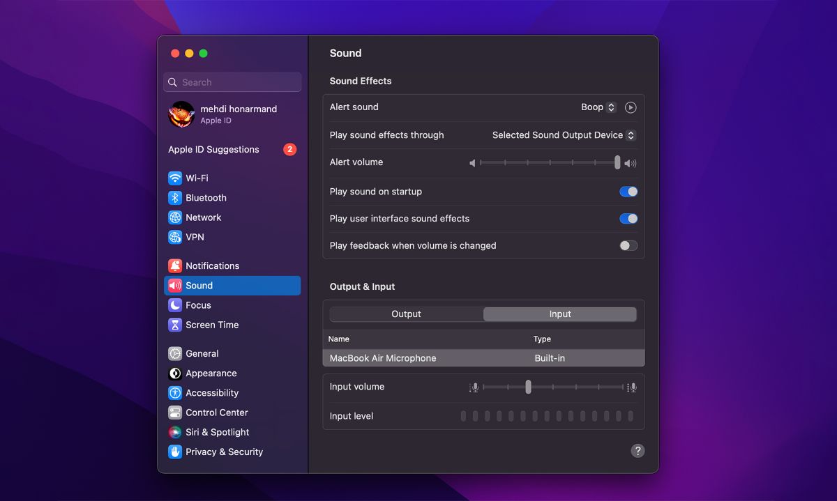 MacOS quick settings window and sound options