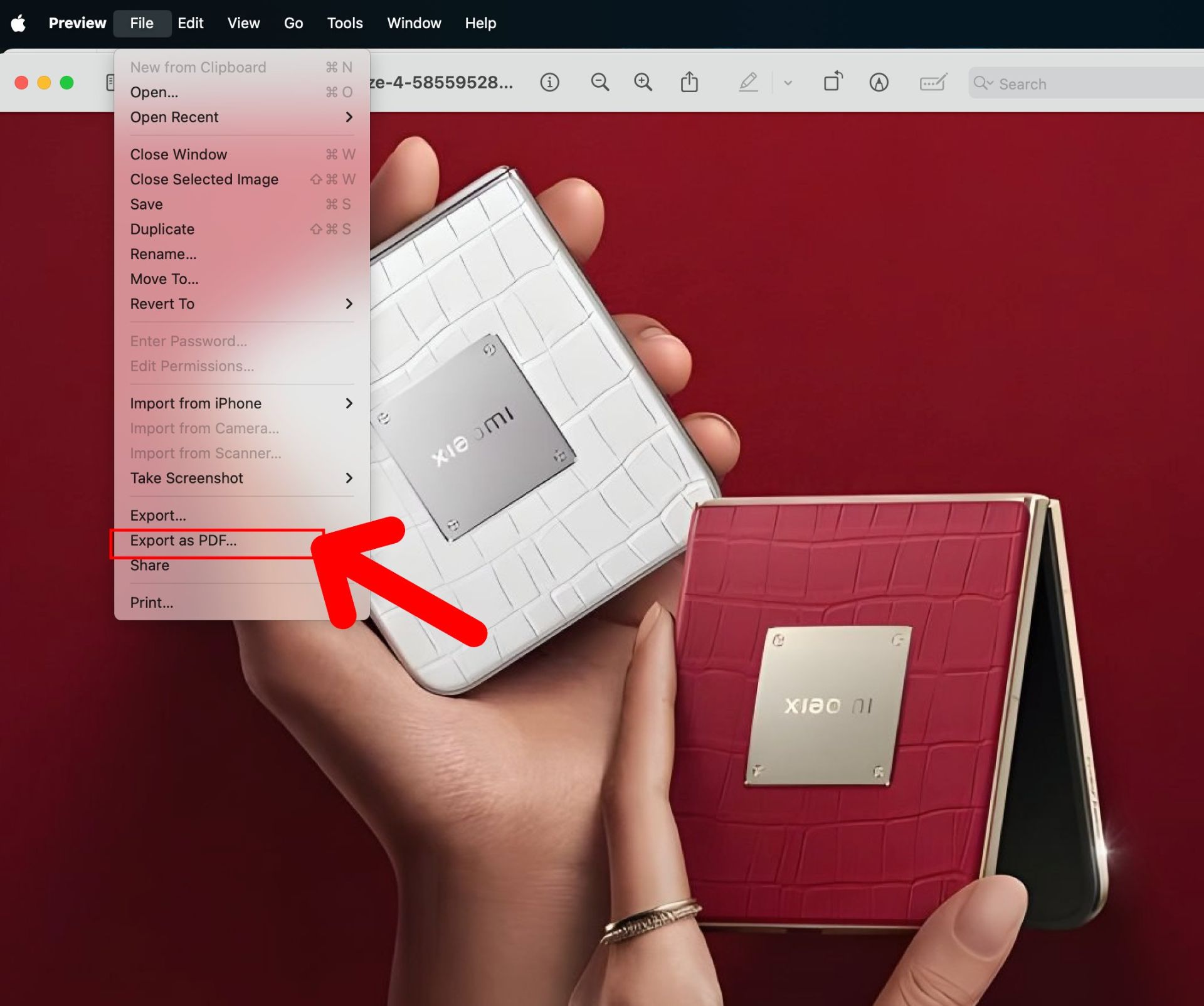گزینه Export to PDF در اپلیکیشن Preview مک