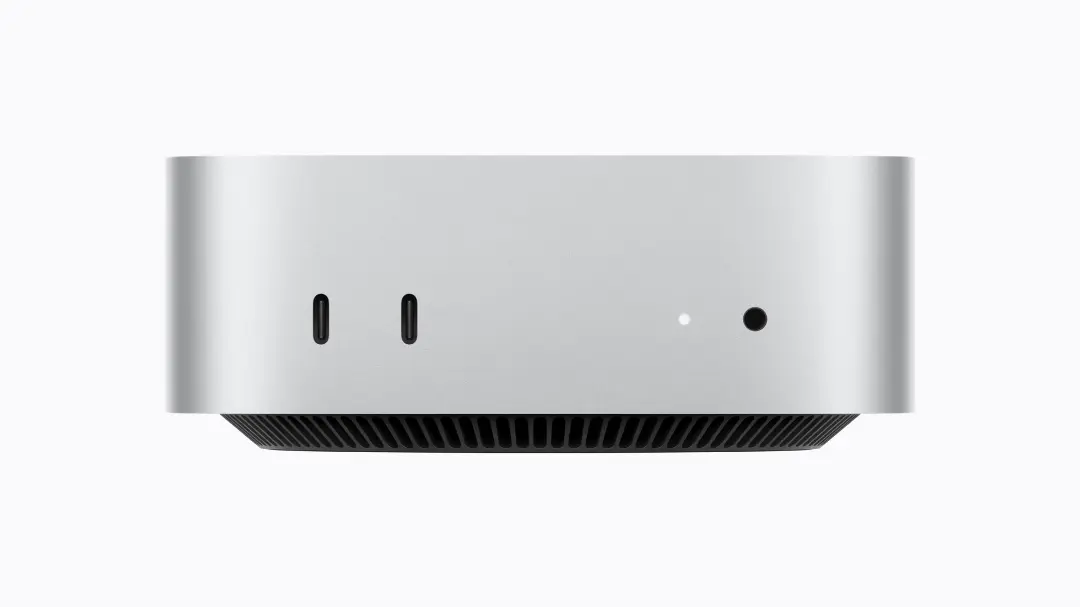 پنل جلوی کامپیوتر مک مینی (Mac mini) با درگاه‌های اتصال و چراغ وضعیت