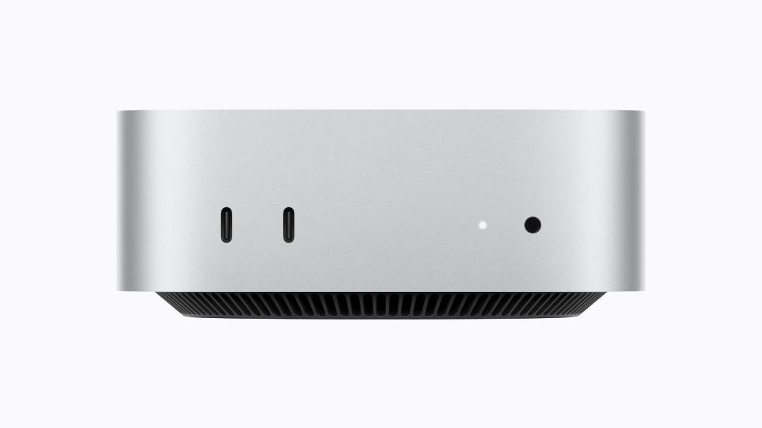 پنل جلوی کامپیوتر مک مینی (Mac mini) با درگاه‌های اتصال و چراغ وضعیت