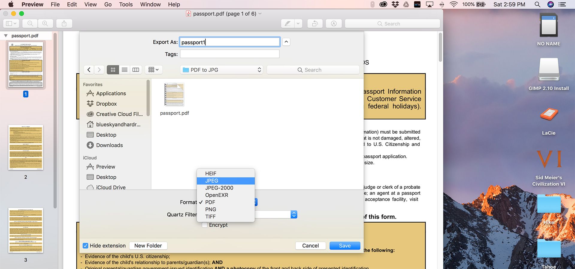 اسکرین شات اپ Preview مک فرمت های مختلف برای ذخیره را نشان می دهد