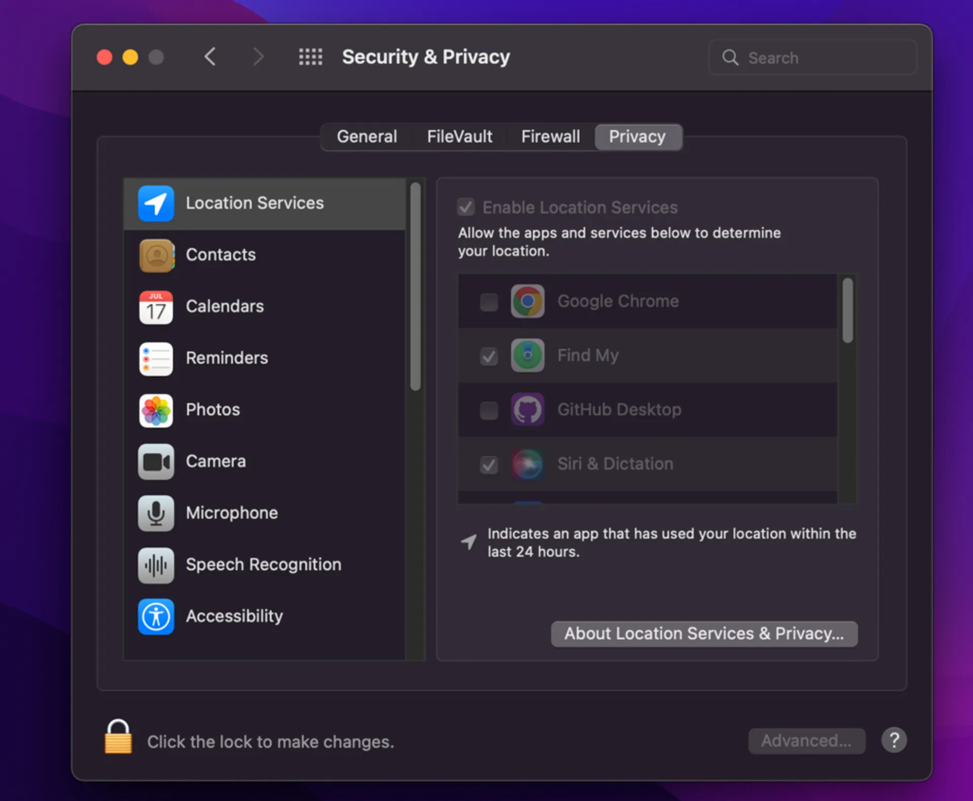 صفحه Security and privacy  مک بوک