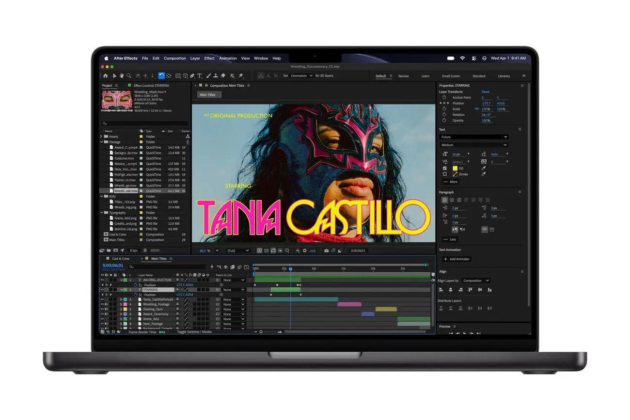 نرم‌افزار ادوبی افترافکت (Adobe After Effects) در حال اجرا روی لپ‌تاپ مک‌بوک پرو M6