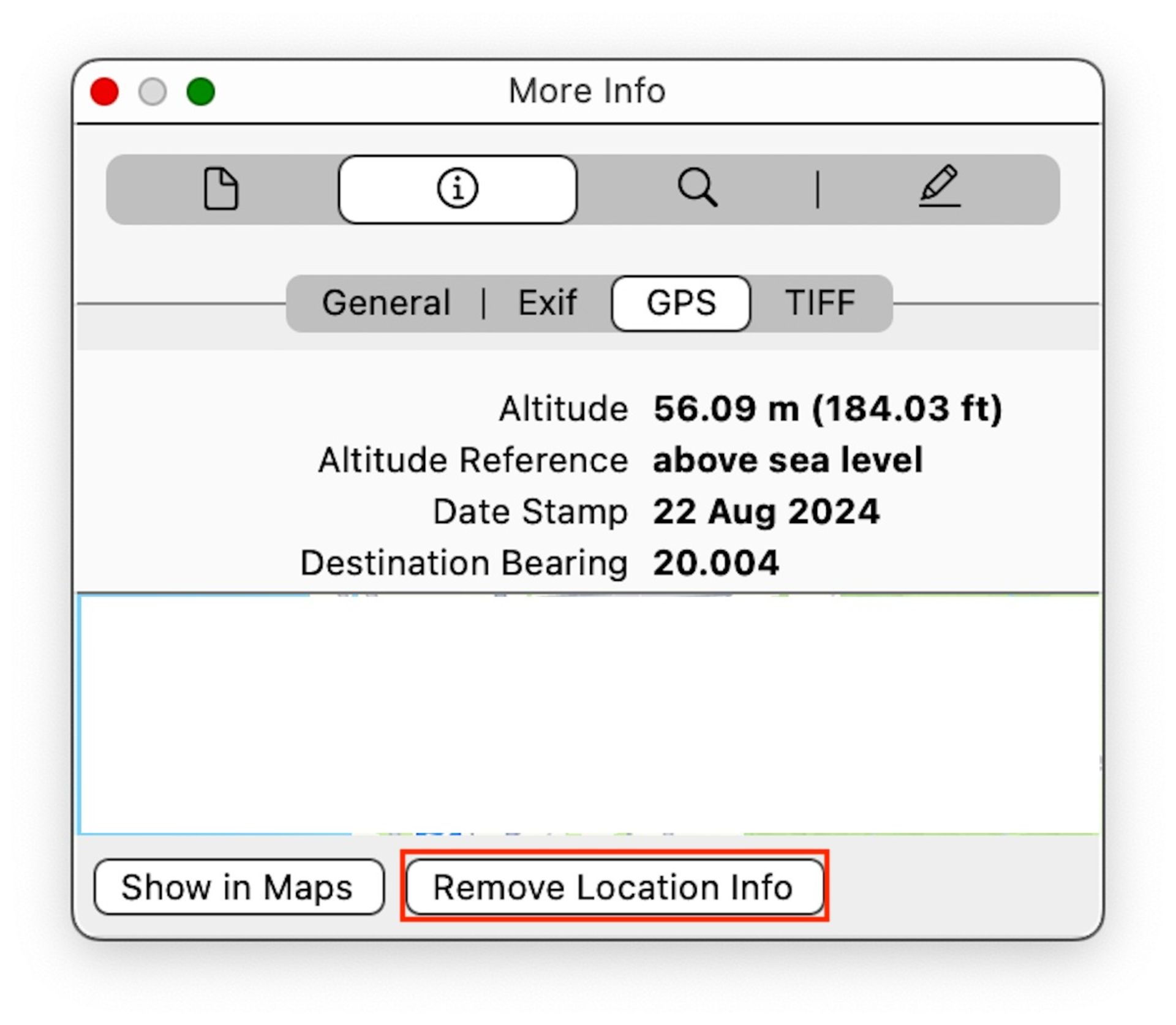 Option to remove photo location data in MacOS