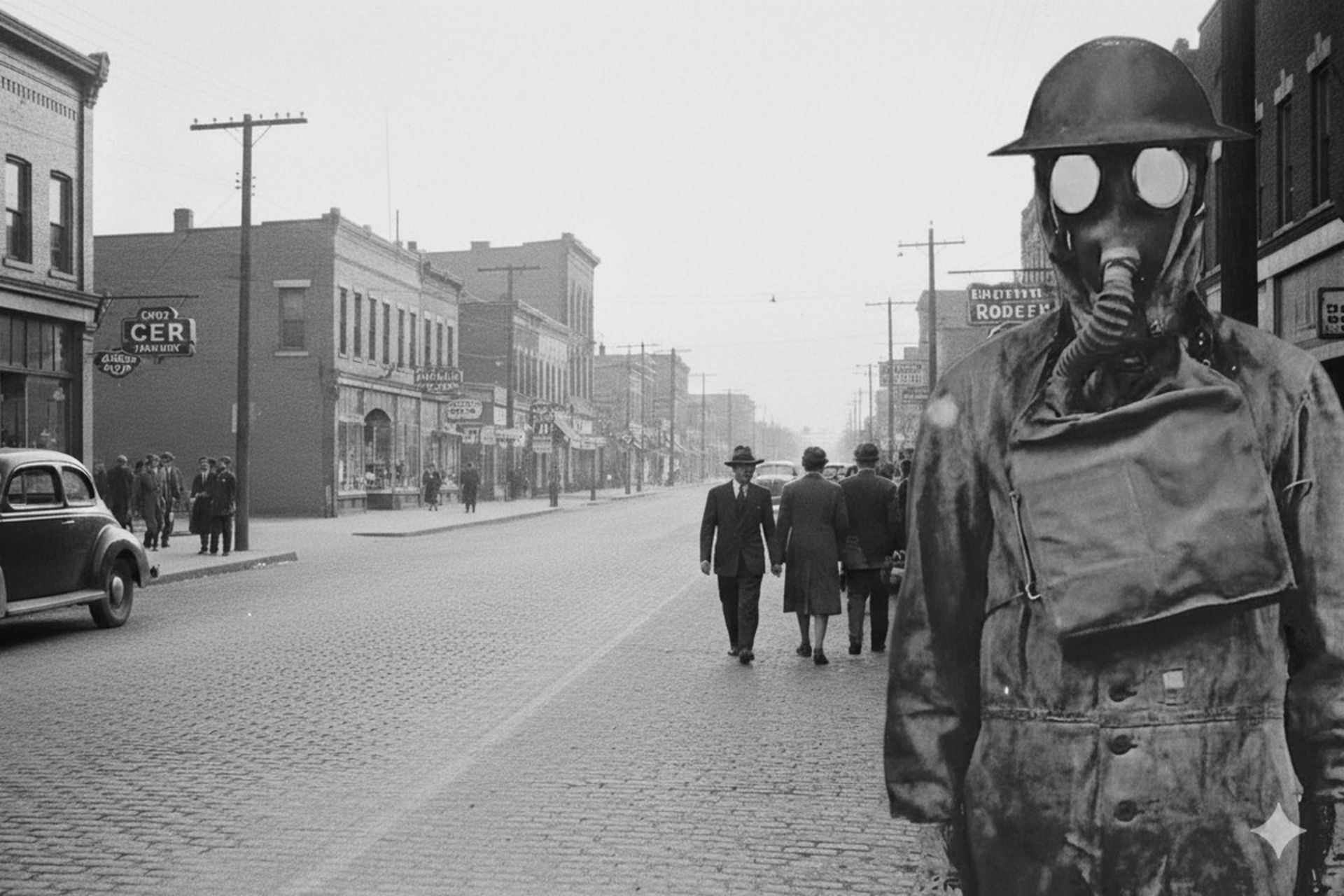 مردی با ماسک سیاه گاز شیمیایی 