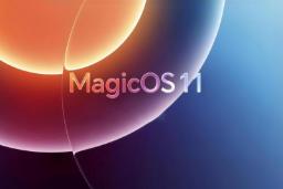 لوگوی گرافیکی MagicOS 11 روی پس‌زمینه‌ی رنگی و منحنی