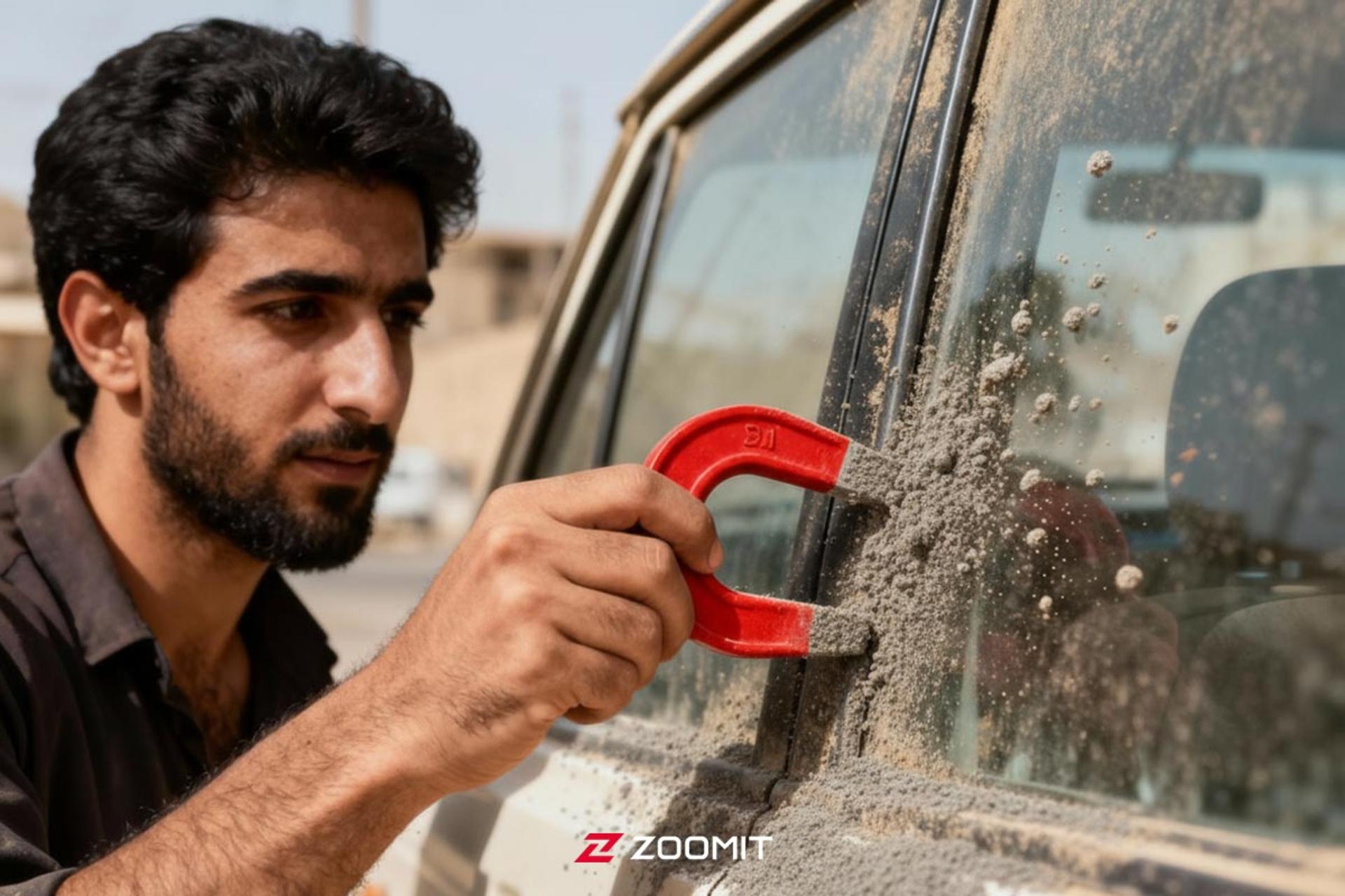 مرد جوان آهنربایی قرمز را به ذرات گردوغبار نشسته روی شیشه خودرو چسبانده است
