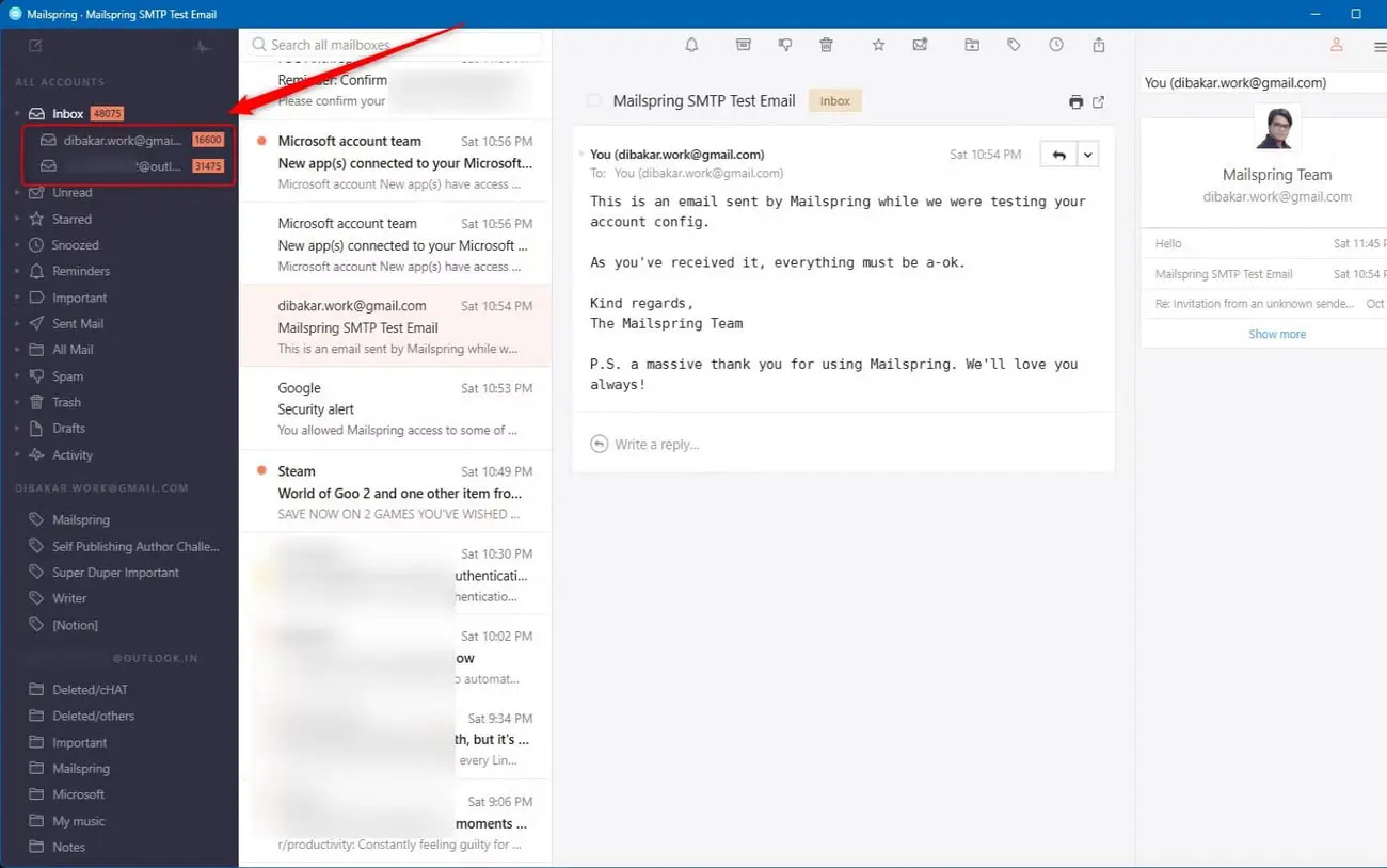 نمای محیط کاربری برنامه میل‌اسپرینگ (Mailspring) و فهرست پیام‌های دریافتی