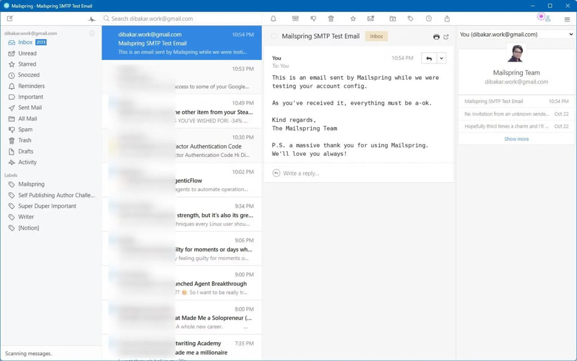 نمای محیط کاربری نرمافزار میلاسپرینگ (Mailspring) و فهرست پیامهای دریافتی در صندوق ورودی