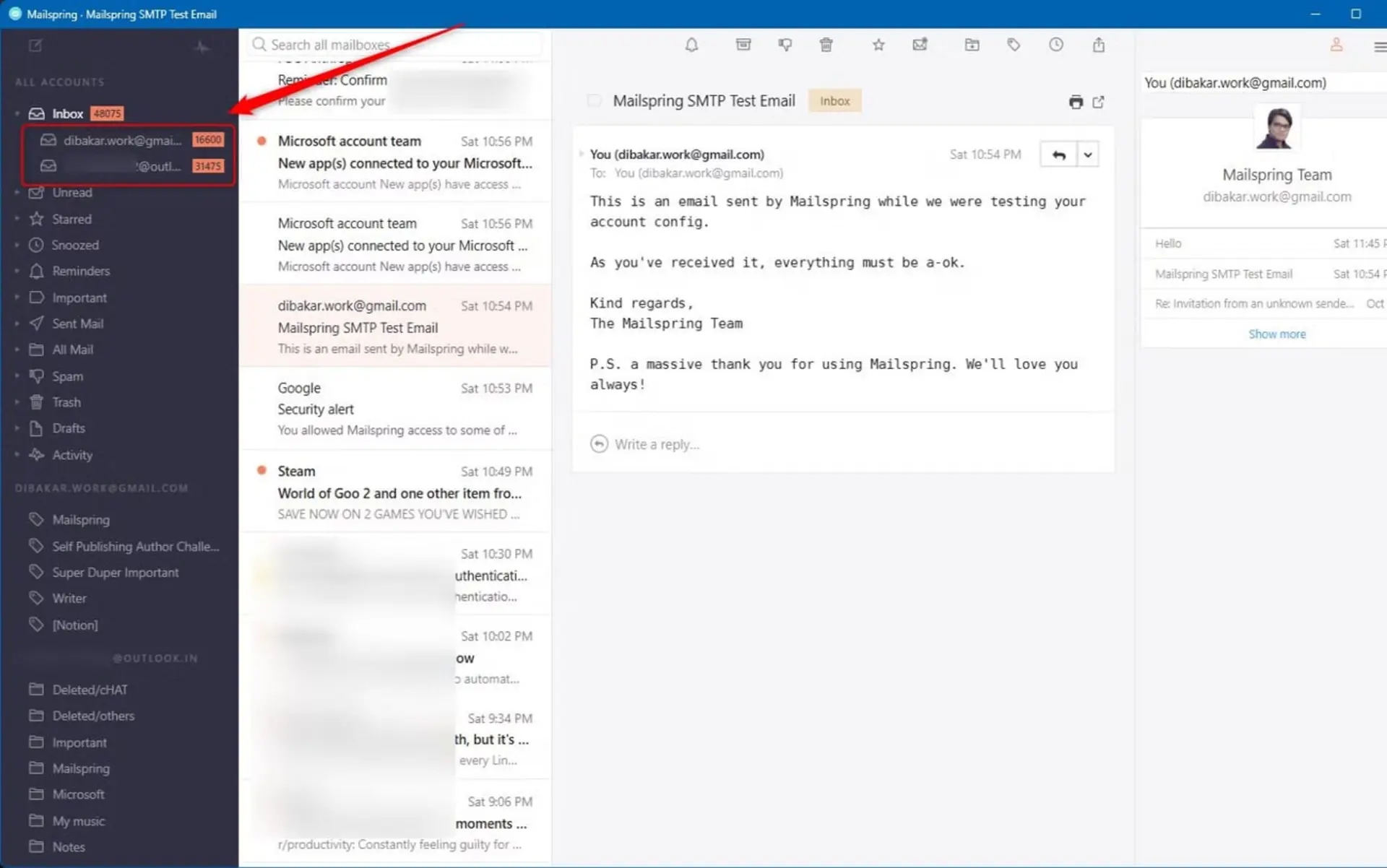 نمای محیط کاربری برنامه میلاسپرینگ (Mailspring) و فهرست پیامهای دریافتی