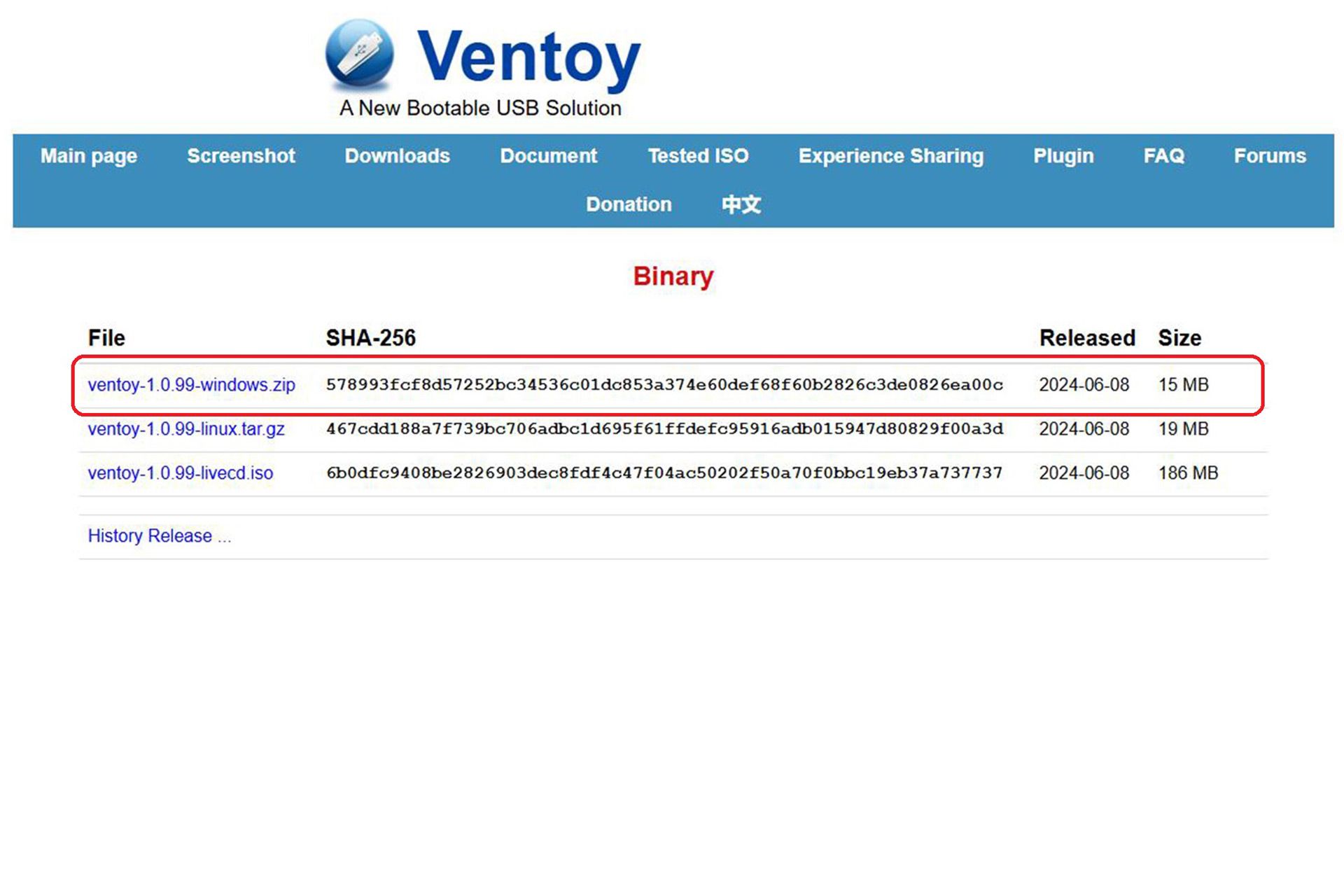 صفحه دانلود نسخه های مختلف نرم افزار Ventoy