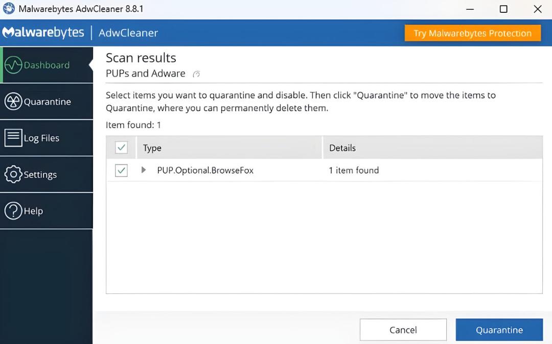 پنل نتایج اسکن نرم‌افزار AdwCleaner (Malwarebytes) و شناسایی یک مورد PUP