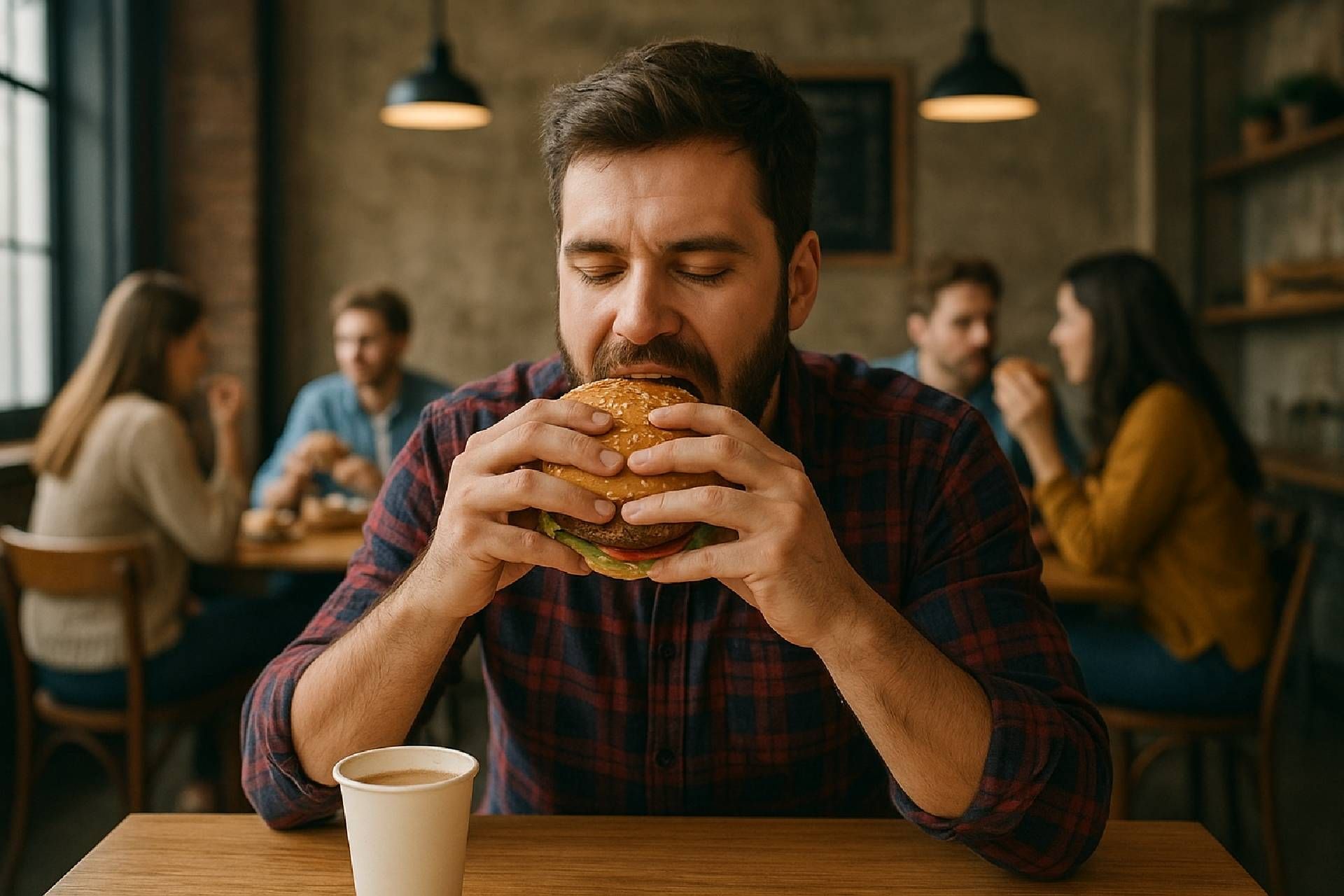 مرد درحال خوردن همبرگر