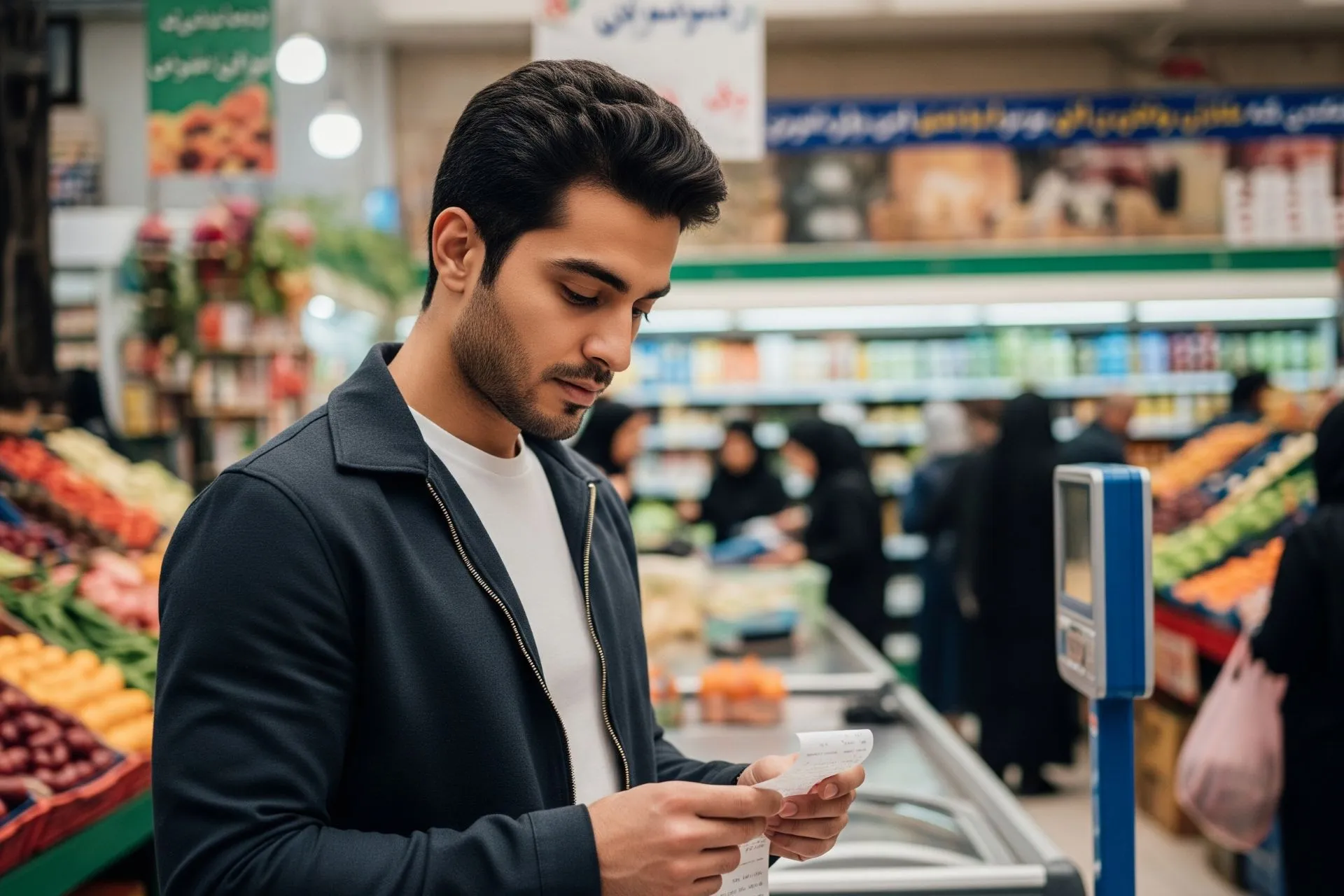مرد جوان در سوپرمارکت