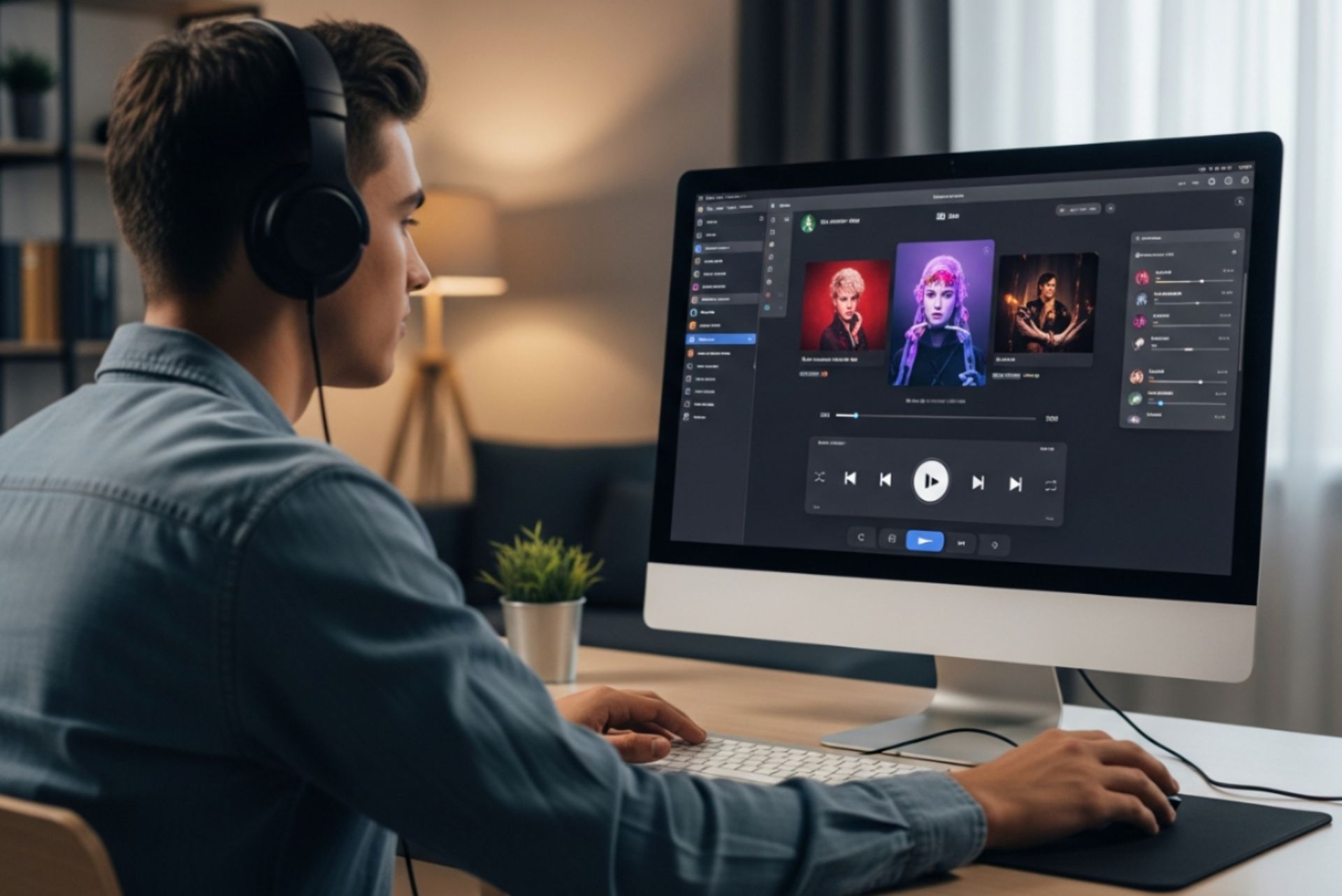 مردی در حال گوش دادن به موسیقی با کامپیوتر